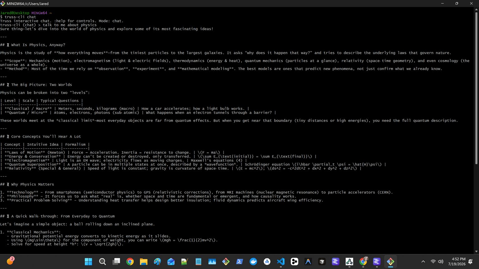 Truss CLI streaming a local-model chat response in a terminal.