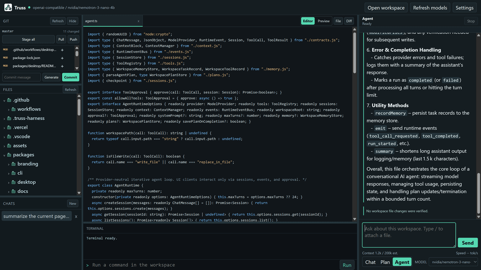 Truss Desktop with Git, files, editor, terminal, and agent chat panels.