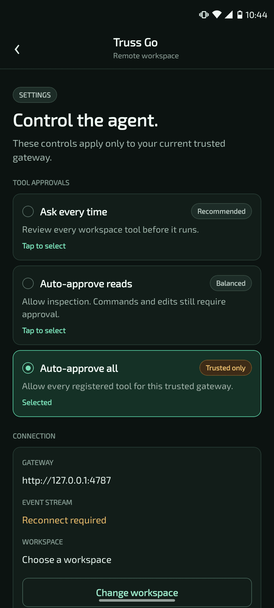 Truss Go settings screen showing agent tool approval options and connection details